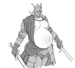 1girls armor belly big_belly big_breasts breasts breasts_out elden_ring female female_only fromsoftware helmet knight_helmet nipples outie_navel partially_clothed pregnant pregnant_belly pregnant_female rellana_twin_moon_knight solo solo_female sword trelfie