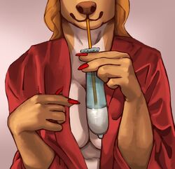 2018 anna_(jinash) anthro breasts canine cleavage clothed clothing condom cum cum_drinking drinking_cum female filled_condom hyena jinash mammal smile solo straw