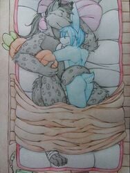 anthro balls blue_fur duo feline fur grey_fur hair hug iagu_viron jaguar lagomorph male mammal nude pantherine plushie ponytail rabbit sleeping smile spots tail_hug yani_volg yanidesu