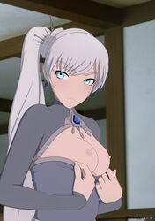 blue_eyes breasts breasts_out clothed mistral_outfit necromalock nipples rwby small_breasts smiling stripping tagme weiss_schnee weiss_schnee_(mistral) white_hair