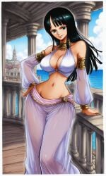 1girls accurate_art_style ai_generated arabian_clothes arabian_costume belly_dancer belly_dancer_outfit big_breasts black-haired_female black_hair blue_eyes choker cleavage dancer dancer_outfit elegant female female_only gold_accessory hourglass_figure long_hair looking_at_viewer midriff nico_robin one_piece oriental_clothing posing_for_the_viewer pre_timeskip see-through see-through_clothing see-through_pants see-through_sleeves sleeves