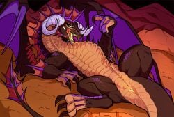 2025 anus black_body black_scales blizzard_entertainment cavern claws dragon facial_horn feet female female_feral feral fin genitals head_fin hi_res horn long_neck lying membrane_(anatomy) membranous_wings milf mythological_creature mythological_scalie mythology nose_horn on_back onyxia onyxia_(warcraft) open_mouth presenting presenting_anus presenting_vulva scales scalie solo spread_legs spreading tail toe_claws tongue tongue_out vulva warcraft wings world_of_warcraft xzorgothoth
