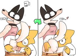 2019 4_fingers ? alphys anal anilingus anthro anthro_on_anthro anus ass blush bodily_fluids canid canine canis clothed clothing doggo_(undertale) domestic_dog duo eating_ass eyewear female fingers glasses heart male malesub mammal oral pants_down partially_clothed perineum rear_view reptile rimming royal_guard_(undertale) saliva scalie sex shirt simple_background standing straight tank_top text topwear undertale video_games watermelon_(artist) white_background