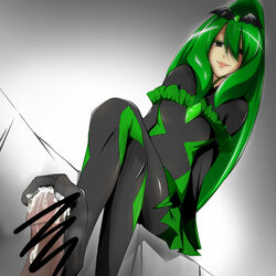 1boy 1girls ashikoki bad_end_march bad_end_precure bat_wings censored clothing crossed_legs cum dark_magical_girl dark_persona female femdom footjob footjob_with_legwear gem green_eyes green_hair grey_background head_wings jun long_hair magical_girl midorikawa_nao penis ponytail precure pretty_cure sitting smile smile_precure