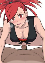 1boy 1girls artist_request bare_shoulders belly big_penis blush bottomless breasts censored cleavage clothed_female_nude_male eye_contact female flannery_(pokemon) flannery_(pokemon_oras) heavy_breathing human human_only large_breasts long_hair looking_at_viewer male male_pov navel nude on_back on_top open_mouth penis pokemon pokemon_oras pokemon_rse ponytail pov pussy_juice red_eyes red_hair sex shirt smile spread_legs squatting sweat tongue wet white_background