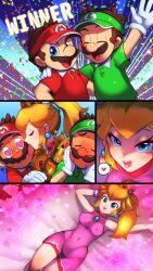 1girls 2boys bakudanarare blonde_hair blue_eyes blush breasts brown_hair closed_eyes clothing crown ear_piercing erect_nipples eyelashes facial_hair female gloves green_hat green_shirt hand_on_shoulder hat heart heart-shaped_pupils light-skinned_female light-skinned_male light_skin lipstick long_hair looking_at_viewer luigi male male/female mario mario_(series) mario_golf mature mature_female mature_male moustache nintendo nipples nipples_visible_through_clothing open_mouth part_1 pink_clothing pink_lipstick ponytail princess princess_peach red_hat red_shirt royalty seductive seductive_eyes seductive_look shirt short_hair trophy voluptuous voluptuous_female white_gloves