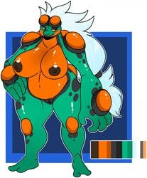 alternate_color amphibian anthro big_breasts breasts demonnyuu female full-length_portrait hair half-closed_eyes hand_on_hip hi_res long_hair nintendo nipples non-mammal_breasts nude original_character pokémon_(species) pokemon portrait pussy seismitoad shiny_pokémon simple_background smile solo standing video_games white_hair