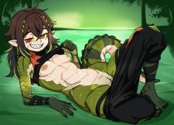 1girls areolae beastiez breasts brown_hair crocodile crocodile_girl crocodile_tail crocodilian crocodilian_humanoid female female_only green_body green_hair green_scales green_skin humanoid kairyu_crocodile long_hair nipples pants_down pointy_ears pussy red_eyes reptile reptile_humanoid scalie scalie_humanoid scar scars sdamhp_artist sharp_teeth slit_pupils small_breasts solo streaked_hair teeth two-tone_hair undressing vagina virtual_youtuber vtuber yellow_sclera youtube