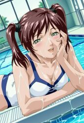 1girls ai_generated alternate_costume amatsuki_jun arm_support bent_over bible_black bible_black_only brown_hair cleavage curvaceous curvy curvy_female curvy_figure erect_nipples erect_nipples_under_swimsuit female female_focus female_only green_eyes hair_between_eyes hand_on_own_face head_rest high_resolution indoors leaning_forward looking_at_viewer lying_on_stomach medium_breasts nipple_bulge nipples official_alternate_costume one-piece_swimsuit outdoors petite petite_female pinup pool poolside pose posing posing_for_the_viewer shiny shiny_hair shiny_skin sitting sitting_on_floor smile smiling smiling_at_viewer solo swept_bangs swimming_pool swimsuit teen teenage_girl teenager thick_thighs thighs tied_hair twintails uncensored water wet wet_hair wet_skin wide_hips