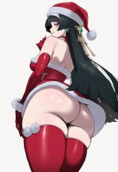 1girls ai_generated ass astra_yao bangs bare_shoulders big_ass black_hair blush breasts christmas dress elbow_gloves eyebrows_visible_through_hair female from_behind fur_trim gloves hat long_hair looking_at_viewer looking_back no_panties red_gloves red_legwear santa_costume santa_hat smile solo striped thick_thighs thighhighs thighs truck-kun_art truck_kun zenless_zone_zero