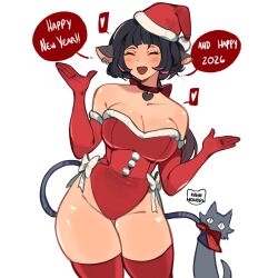 alternate_costume animal_ears black_hair breasts cleavage commentary english_commentary feline female female_only gloves happy_new_year hat heart highres holding holding_with_tail jane_doe_(zenless_zone_zero) kamii_momoru large_breasts leotard looking_at_viewer mouse_ears mouse_girl mouse_tail multicolored_hair new_year prehensile_tail red_gloves red_hair red_hat red_leotard red_thighhighs santa_hat santa_leotard seth_lowell smile speech_bubble spoken_heart tail thighhighs thighs two-tone_hair white_background zenless_zone_zero