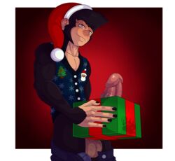 ape balls big_penis blackbear box chimpanzee christmas christmas_sweater circumcised clothing clyde_(blackbear) colored_nails dick_in_a_box gift hat holidays male male_only mammal monkey penis pinup pose primate santa_claus santa_hat scar solo thick_penis vest