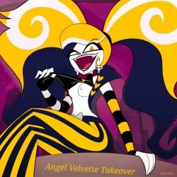 1girls angel_velvette armwarmer armwarmers armwear bangs belly belt big_breasts black_and_gold black_and_gold_hair black_and_yellow_clothing black_lips black_lipstick black_pupils blonde_hair braless crossed_legs exposed_breasts female female_only gold_eyes gold_hair handwear heart heart_symbol humanoid kuruko limited_palette meme no_areola open_mouth pigtails pointy_fingers pointy_teeth shirt shirt_lift showing_breasts showing_off simple_background simple_shading sitting sitting_cross_legged skull_earrings small_nipples smile smiling_at_viewer striped striped_clothes striped_clothing striped_legwear striped_pants swirl swirls text thin_waist velvette vivienne_medrano vivziepop white_body white_sclera white_skin yellow_and_black yellow_and_white yellow_and_white_hair yellow_hair yellow_iris yellow_text
