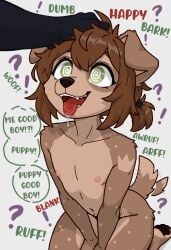 anthro bodily_fluids bondage brown_body brown_fur brown_hair canid canine drooling duo femboy floppy_ears fur good_boy green_eyes hair headpat hi_res hypnosis kneeling makeup male male/male mammal mind_control nipples paws petplay petting ponytail prince princethepup roleplay royalty saliva speech_bubble spiral spiral_eyes tagme tail_wagging tan_body tan_fur text tongue tongue_out