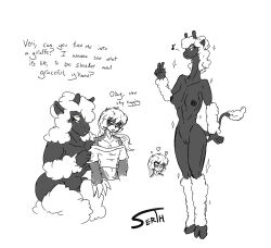 anthro arm_tuft black_body bovid breasts caprine claws collarbone duo ewe eyelashes fanta_(serth) female furry genitals gesture giraffe giraffid hand_gesture hi_res hooves horn leg_tuft long_neck mammal nipples pilosan sagging_breasts serth sheep skinny slim sloth tall transformation tuft v_sign verithyntei vulva white_eyeshadow wool_hair xenarthran