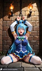 1girls ai_generated aqua_(konosuba) arms_up blue_eyes blue_hair bondage breasts brick_wall chained chains covered_nipples cuffs dungeon encoder female kono_subarashii_sekai_ni_shukufuku_wo! long_hair open_mouth scared spread_legs stone_floor torch uncensored