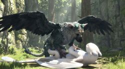 1boy 1girls avian chimera feathers forest horns how_to_train_your_dragon light_feathers light_fury male/female male_domination male_on_top the_last_guardian trico trico_(species) trico_(the_last_guardian) unseen_female_face white_dragon white_skin wings
