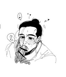 2boys bar_censor blowjob blush erection fellatio gay hair_bun male male_only man_bun man_in_hazmat manbun monochrome no,_i'm_not_a_human oral penis solo_focus sweat trhkruru000 yaoi