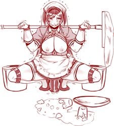 apron big_breasts bound breasts broken_glass buckets cosplay crouching crying dildo female female_admiral_(kantai_collection) femsub gag gagged gloves hiememiko kantai_collection looking_away maid mess monochrome mop nipples riding_dildo shaking solo spreading spreading_legs tagme