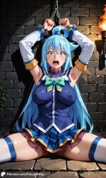 1girls ai_generated aqua_(konosuba) arms_up blue_eyes blue_hair bondage breasts brick_wall chained chains covered_nipples cuffs dungeon encoder female kono_subarashii_sekai_ni_shukufuku_wo! long_hair open_mouth scared spread_legs stone_floor torch uncensored