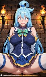 1girls ai_generated aqua_(konosuba) arms_up blue_eyes blue_hair breasts brick_wall chained covered_nipples dungeon encoder female kono_subarashii_sekai_ni_shukufuku_wo! long_hair open_mouth pussy scared spread_legs stone_floor torch uncensored vagina