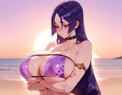 1girl clothing female minamoto_no_raikou_(swimsuit_lancer)_(fate) bikini breasts fate_(series) long_hair minamoto_no_raikou_(fate) purple_hair swimsuit eyepatch_bikini purple_eyes beach fate/grand_order parted_bangs purple_bikini purple_swimsuit solo crossed_arms pout armlet very_long_hair bangs sunset bare_shoulders choker cleavage female_only navel blush wet arms_under_breasts ocean collarbone huge_breasts outdoors smile sky skindentation :t large_breasts sun veiny_breasts water purple_sky upper_body gradient_sky looking_down shore closed_mouth strapless_bikini blurry_background breast_hold strapless black_choker 1girls ai_generated voluptuous_female voluptuous curvaceous curvaceous_figure curvaceous_female curvy curvy_figure female_focus balecxi minamoto_no_raikou_(fate/grand_order)