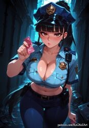 1girl 2026 ai_generated anime bangs belt black_hair blue_pants blue_shirt blush boobs breasts brown_eyes cleavage collarbone condom condom_wrapper crop_top crossover eve_(stellar_blade) eye_contact female female_focus flushed hat highres holding holding_condom huge_breasts large_breasts long_hair looking_at_viewer midriff navel nsfw pants patreon patreon_username police police_hat police_uniform policewoman ponytail rognezart shift_up shirt short_sleeves solo stellar_blade thigh_gap uniform very_long_hair