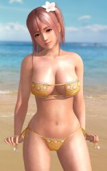 1girls 2016 3d bare_shoulders beach big_breasts blue_sky breasts cleavage clouds collarbone dead_or_alive dead_or_alive_5 eyepatch_bikini female flower_in_hair hair_up honoka_(cardamom)_(doa) honoka_(doa) large_breasts navel ocean pink_hair radianteld sand side-tie_bikini_bottom side_ponytail sky smile thick_thighs thighs thin_waist tugging wide_hips yellow_bikini