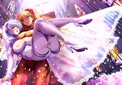 2girls artist_name asuka_langley_sohryu big_breasts blue_eyes blue_hair blush bodysuit breasts bridal_carry brown_hair busty christian_cross church cleavage clothing curvy detailed_background duo erect_nipple erect_nipples erect_nipples_under_clothes female female_only flower front_view hair_flower hair_ornament high_heels hourglass_figure human indoors inside kawaraya_a-ta large_breasts light-skinned_female light_skin long_hair looking_down looking_up multiple_females multiple_girls neon_genesis_evangelion nipple_bulge open_mouth orange_hair pale-skinned_female pale_skin plugsuit red_eyes rei_ayanami room see-through see-through_clothing shiny shiny_skin short_hair standing thick_thighs thong veil voluptuous white_gloves wide_hips yuri