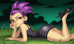 1girls ai ai_art ai_generated anonemus1 brown_eyes clothed_female female female_only flats fusionfall grass green_sky hairband invader_zim lying_on_grass lying_on_stomach nickelodeon nicktoons pixai purple_hair solo solo_female striped_clothing zita
