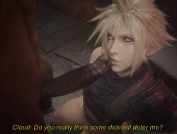 2boys 3d blender blenderdude blonde_hair blue_eyes bottomless cloud_strife dark-skinned_male dialogue eyeliner femboy feminine_male final_fantasy gay holding_head imminent_oral interracial interrogation looking_up on_knees penis_on_face penis_out precum smug tagme talking text