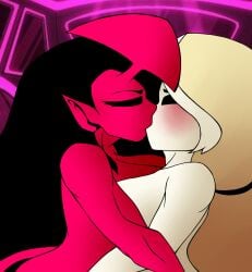 2girls bettysantana big_hair black_hair charlie_morningstar charlie_morningstar_(hazbin_hotel) closed_eyes closeup demon_tail female hazbin_hotel hug kissing lesbian_kiss light_yellow_hair oc original_character red_body succubus succubus_horns thighs white_body yuri