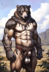 1boy 2024 abs ai_generated anthro avaru bear bear_ears black_nose brown_body brown_fur fur genitals humanoid loincloth loincloth_aside male male_focus male_only mammal multicolored_body multicolored_fur muscular muscular_male navel nipples nude precum primal_wilds sagging_balls sheath solo tagme tribal tribal_clothing tribal_jewelry tuft tufted_fur ursid ursid_humanoid ursine