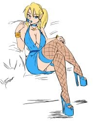 big_breasts bimbo blonde_hair blue_eyes blue_lips blue_lipstick bracelet choker cleavage crossed_legs dress female_only femsub fishnets high_heels large_breasts lipstick lollipop long_hair looking_at_viewer makeup metroid nayaa nayaase_beleguii necklace nintendo ponytail samus_aran signature simple_background sitting source_request thighhighs white_background