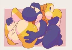 anus ass balls blue_yoshi dinim dinosaur duo feet hand_on_butt huge_butt male nude oral saliva_on_tongue simple_background spread_butt super_mario_bros. tail thick_thighs tongue yellow_yoshi yoshi