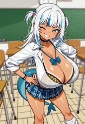 1girls ai_generated alternate_breast_size boobs bowtie bra_visible_through_clothes breasts cheetah_print cheetah_print_bra choker classroom classroom_desk cleavage female female_only gawr_gura gyaru gyarufication hololive hololive_english huge_breasts leopard_print leopard_print_bikini leopard_print_bra looking_at_viewer school school_uniform schoolgirl schoolgirl_uniform see-through_clothing see_through_clothing shark_tail shark_teeth sharp_teeth short_skirt skirt solo solo_female tanline tanlines tanned_skin thick_thighs thong thong_straps tied_shirt virtual_youtuber white_hair