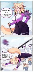 >_< 1boy animal_ear_fluff animal_ears blonde_hair breasts comic english_text female hexasgone jacket large_breasts open_mouth pants smile speech_bubble squchan_(vtuber) tail vyugen