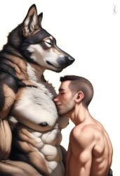 2024 2boys ai_generated animal_humanoid anthro anthro_on_human avaru black_nose brown_hair canid canine canine_penis canis duo freckles fur furry gay grey_body grey_fur hair hug human human_on_anthro humanoid male male_focus male_only mammal muscular muscular_male nipples size_difference smaller_male tuft tufted_fur white_fur wolf yaoi