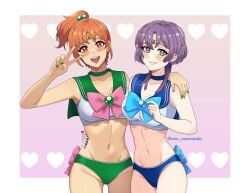 2girls :d alternate_costume alternate_hairstyle bernadetta_von_varley breasts cleavage cosplay fire_emblem fire_emblem:_three_houses grin jpeg leonie_pinelli nintendo open_mouth orange_eyes orange_hair ponytail purple_hair rein_creamsoda sailor_jupiter_(cosplay) sailor_mercury_(cosplay) short_hair smile v