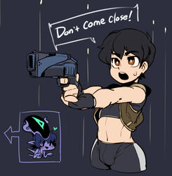 black_hair bulge clothed docu_(doppel) doppel femboy fingerless_gloves firearm girly gloves gun handgun human male male_only original original_character oscar_(ra4s) outerwear pale_skin pixie_cut shorts sports_bra vest weapon