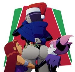 3girls ass ass_kiss belt big_breasts bob_cut bubble_butt christmas cloak clothing dat_ass dc dc_comics female female_face_near_ass female_only goth head_on_ass human jinx_(dc) kissing kissing_butt large_breasts lesbian licking mistletoe outerwear panties rachel_roth raven_(dc) ravenravenraven santa_hat small_breasts starfire teen_titans thong yuri