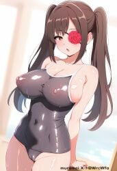 ai_generated big_breasts black_hair brown_eyes cameltoe cleavage eye_patch female female_only gintama long_hair looking_at_viewer nipples_visible_through_clothing official_alternate_costume official_alternate_hairstyle one-piece_swimsuit sideboob solo swimsuit wet_body wet_skin yagyuu_kyuubei