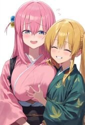 2girls artist_request blonde_hair blush bocchi_the_rock! breast_grab breast_press embarrassed eyes_closed flat_chest gotou_hitori huge_breasts ijichi_nijika jacket kimono open_mouth pink_hair smile sportswear yuri