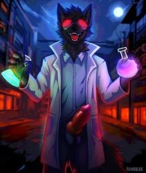 absurd_res anthro canid canine canis city clothing coat erection exhibitionism eyewear goggles halloween hi_res holidays knot male male_only mammal night potion potion_bottle public public_nudity scientist seindrak solo topwear wolf