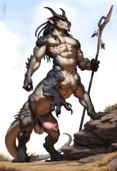 1boy 2024 abs ai_generated animal_genitalia anthro avaru black_nipples claws dreadlocks feathers fur giant grey_body grey_scales horns humanoid hybrid hybrid_race landscape male male_focus male_only mammal multicolored_body muscular muscular_male nature nature_background navel nipples pierced_penis piercing primal_wilds scales scalie spear spikes staff tagme taur testicles tribal tuft