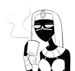 alien alien_girl alien_humanoid bikini_top black_and_white cartoon_network coffee_cup coffee_mug cup duck_dodgers female female_focus female_only looney_tunes martian martian_(duck_dodgers) mug queen_tyr'ahnee tired_expression tired_eyes warner_bros warner_brothers