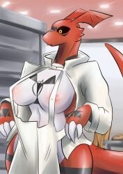 anthro baker bakery bandai_namco big_breasts bread breasts digimon digimon_(species) female food guilmon hi_res sarctrue solo