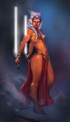 1girls ahsoka_tano belly_dancer belly_dancer_outfit blue_eyes chain_leash chained chris_yarbro dual_wielding harem_girl harem_outfit jedi lightsaber loincloth looking_at_viewer medium_breasts orange_skin slave slave_bikini slave_collar slave_leia_(cosplay) slave_outfit slavegirl star_wars star_wars_rebels