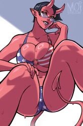 1girls american_flag_bikini big_breasts bikini black_hair cleavage demon_girl female female_only glasses horns moiyablochki pointy_ears red_skin short_hair solo squatting sweat tail yellow_eyes