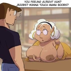 1boy 1girls big_breasts breasts cartoon_network courage_the_cowardly_dog exposed_breasts female mature mature_female meme muriel_bagge older_female pokachu_(artist) white_hair